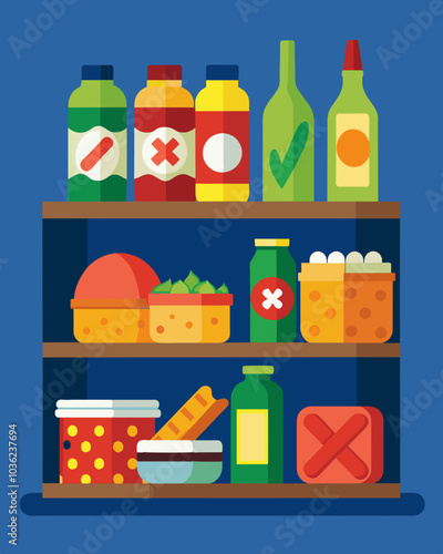 Expired food items left untouched on grocery store shelves.. Vector illustration