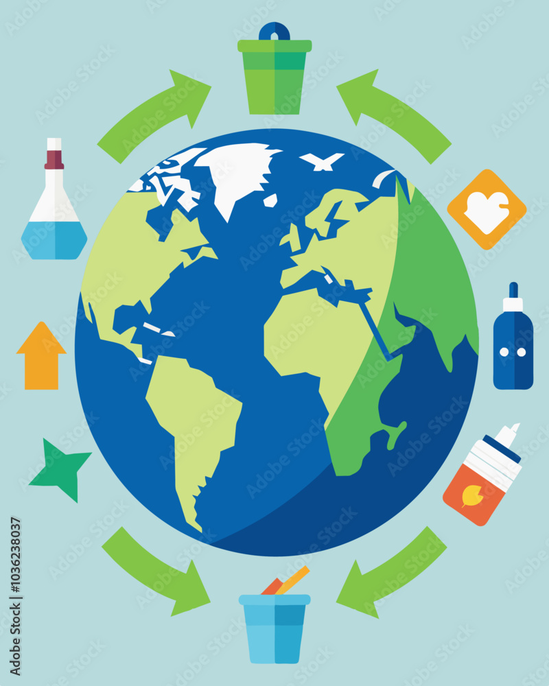 An illustration of the earth surrounded by various types of waste with arrows pointing towards different recycling facilities emphasizing the importance of proper trash sorting for. Vector An illustration of the earth surrounded by various types of waste with arrows pointing towards different recycling facilities emphasizing the importance of proper trash sorting for. Vector