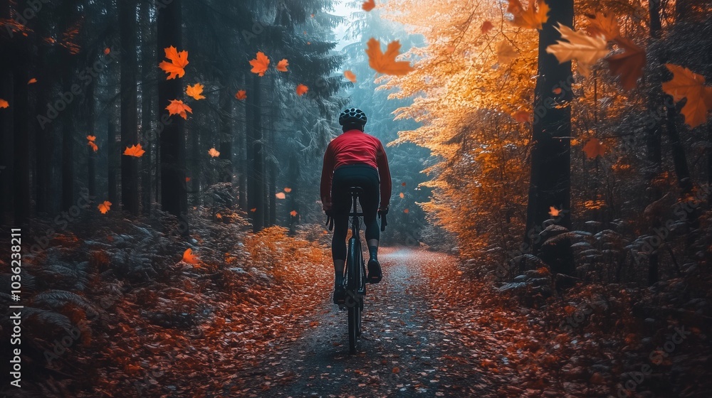 Cyclist riding through a forest trail in autumn, with colorful leaves falling around them Cyclist riding through a forest trail in autumn, with colorful leaves falling around them