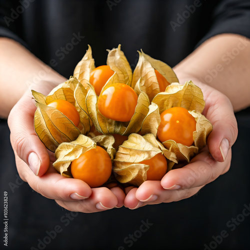 Gentle hands cradle ripe, juicy fruits. A woman's tender touch showcases a beautiful pile of Peruvian golden physalis, inviting us to savor the simple pleasures of fresh, wholesome produce.