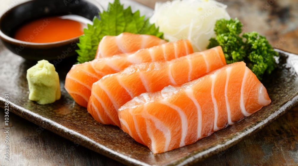 Fresh Salmon Sushi with Wasabi and Garnishes Fresh Salmon Sushi with Wasabi and Garnishes
