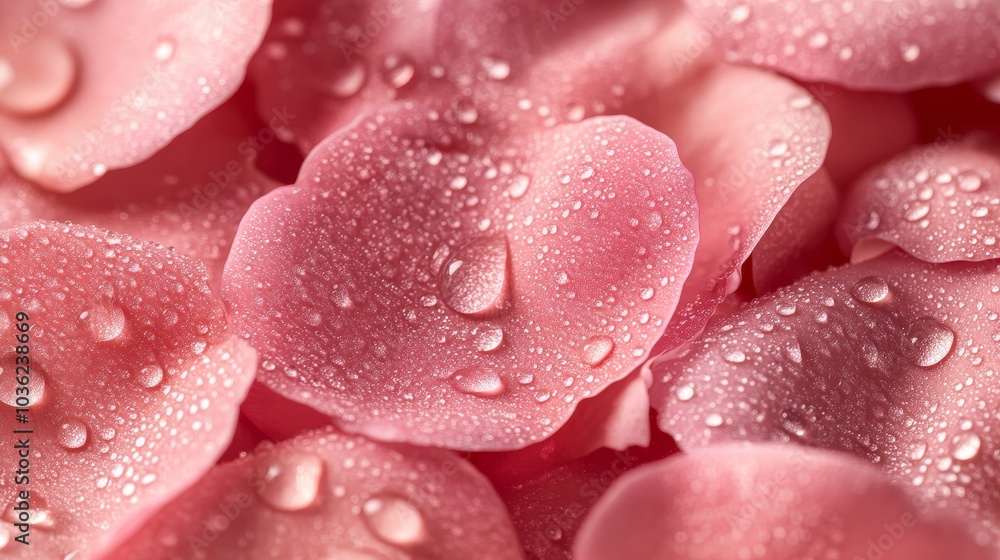 Obraz premium Detailed image of soft, velvety pink rose petals, with perfectly formed dew drops reflecting the ambient light