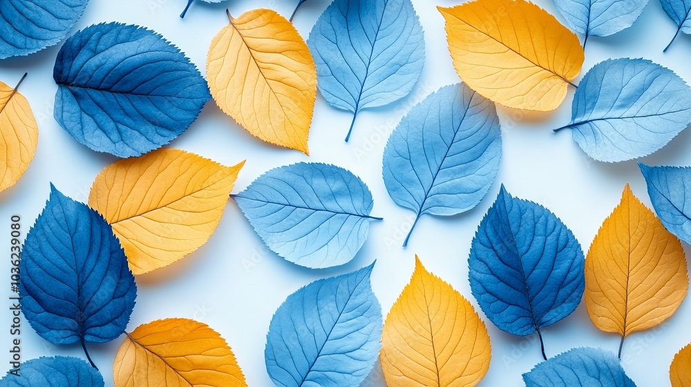 A minimalist design of blue and yellow leaves on a clean white background, each leaf intricately detailed, with fine veins and delicate shading to highlight the contrast A minimalist design of blue and yellow leaves on a clean white background, each leaf intricately detailed, with fine veins and delicate shading to highlight the contrast