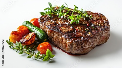 Grilled Steak with Vegetables and Herbs on White Plate