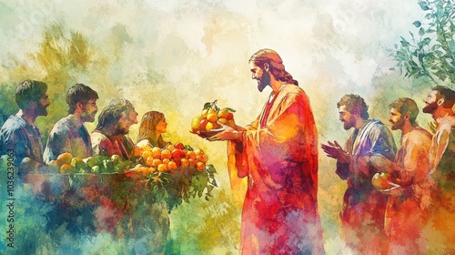 Jesus offering fruits to disciples in colorful watercolor style with vibrant robes and natural setting Generative AI