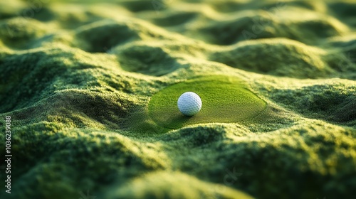 Close-up of a golf ball in flight, overlaying the vibrant fairway, with the pin far in the distance. Layered composition for depth perception photo