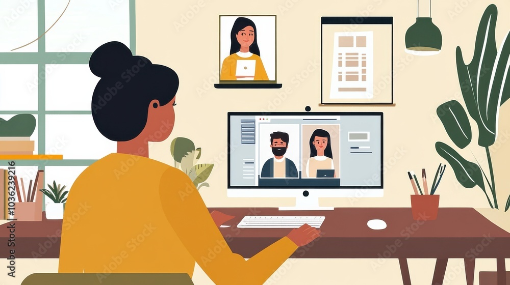 Fototapeta premium A freelancer conducting a video conference with international clients from a home office, Modern lifestyle scene, Professional style