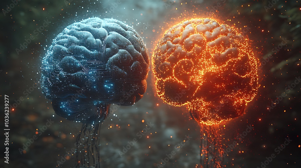 Two glowing brains, one blue and one orange, facing each other with glowing particles. Two glowing brains, one blue and one orange, facing each other with glowing particles.