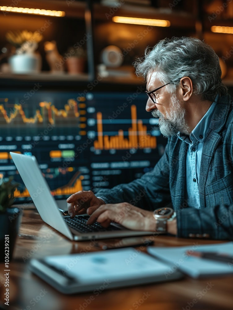 A senior man analyzes data on a laptop in a modern office environment. A senior man analyzes data on a laptop in a modern office environment.