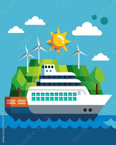 An ecotourism cruise uses clean energy sources and only docks at designated ports to minimize pollution and protect marine life.. Vector illustration