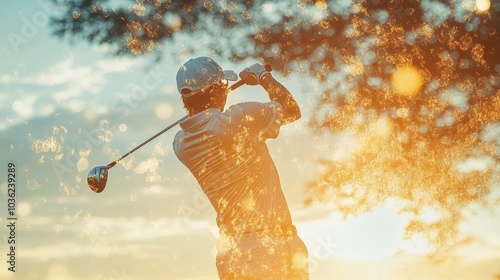 Golf course at golden hour, double exposure of golfer mid-swing and a ball perfectly on the pin, glowing under soft sunlight, dynamic and serene mix photo