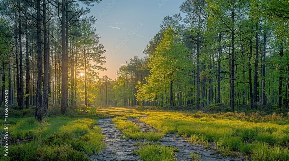 Obraz premium A serene forest landscape at sunrise, showcasing vibrant green trees and a winding path.