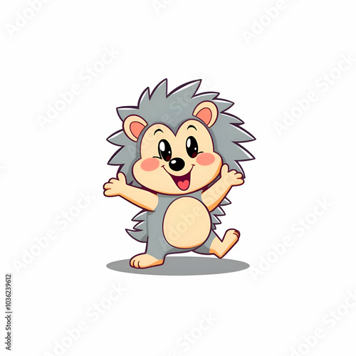 Cute Childish Kawaii Lion Character Sticker Standing with Big Round Eyes, Fluffy Mane, and a Happy Expression, Thick Black Outline,  photo