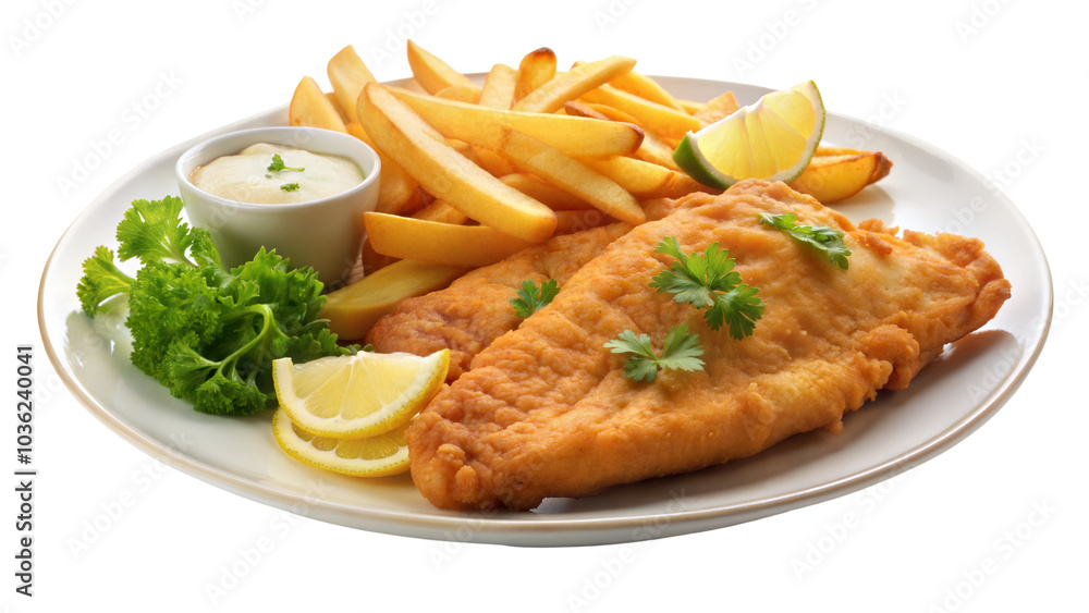 Fried fish fillet with French fries, lemon, and sauce on a white plate. Isolated on transparent or white background. Fried fish fillet with French fries, lemon, and sauce on a white plate. Isolated on transparent or white background.