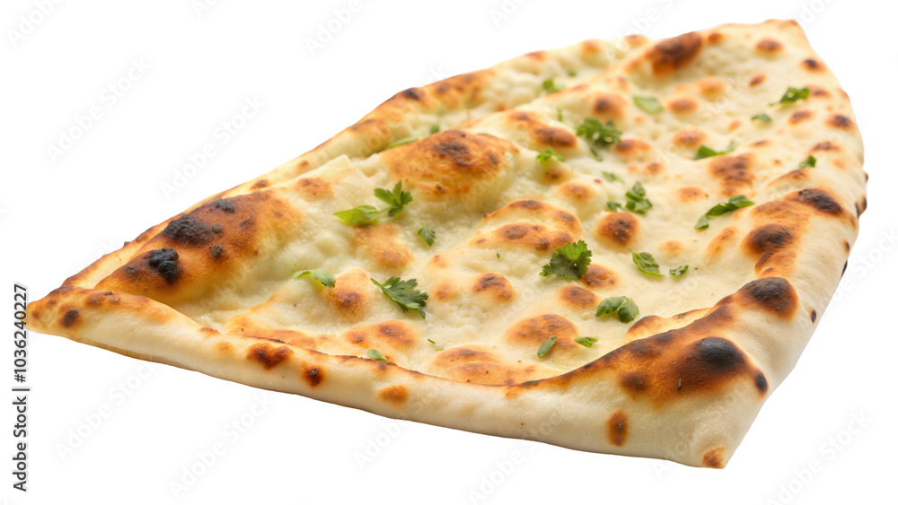 Freshly baked garlic naan bread, crispy edges, with hints of green herbs. Isolated on transparent or white background. Freshly baked garlic naan bread, crispy edges, with hints of green herbs. Isolated on transparent or white background.