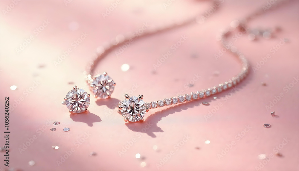crafted diamond necklace paired with matching earrings in a pink background