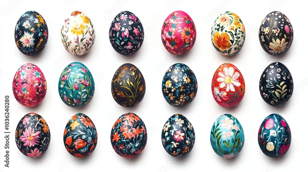 Collection of colourful hand painted decorated easter eggs on white background cutout file. Pattern and floral set. Many different design. Mockup template for artwork design
