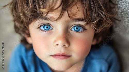 A young boy with brown hair and blue eyes is looking at the camera