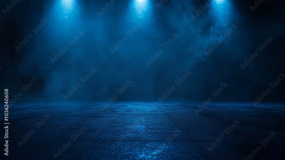 Dark Empty Street with Neon Lights and Floating Smoke - Night Scene on Dark Blue Background Dark Empty Street with Neon Lights and Floating Smoke - Night Scene on Dark Blue Background