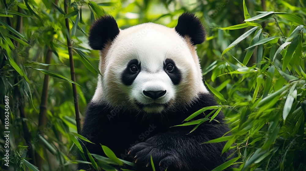 Panda eats bamboo shoots. Rare and endangered black and white bear. Image of a playful, happy panda
Panda eats bamboo shoots. Rare and endangered black and white bear. Image of a playful, happy panda