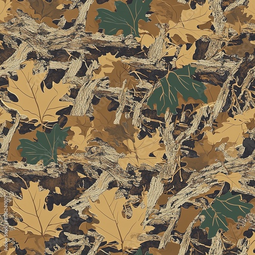 Autumn Maple Leaves on Tree Bark Foliage Hunting Camo, Seamless Camouflage Texture Pattern photo