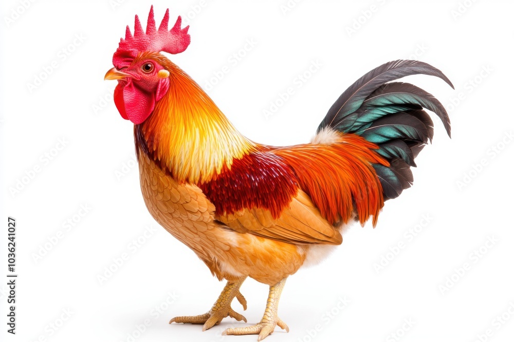 A vibrant rooster standing proudly on a white isolated background. A vibrant rooster standing proudly on a white isolated background.