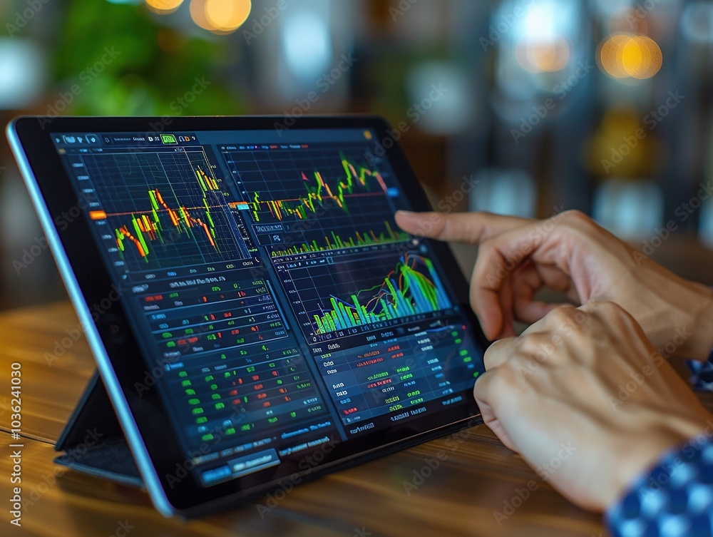 A tablet displaying stock market graphs and data analysis with a person's hand interacting. A tablet displaying stock market graphs and data analysis with a person's hand interacting.
