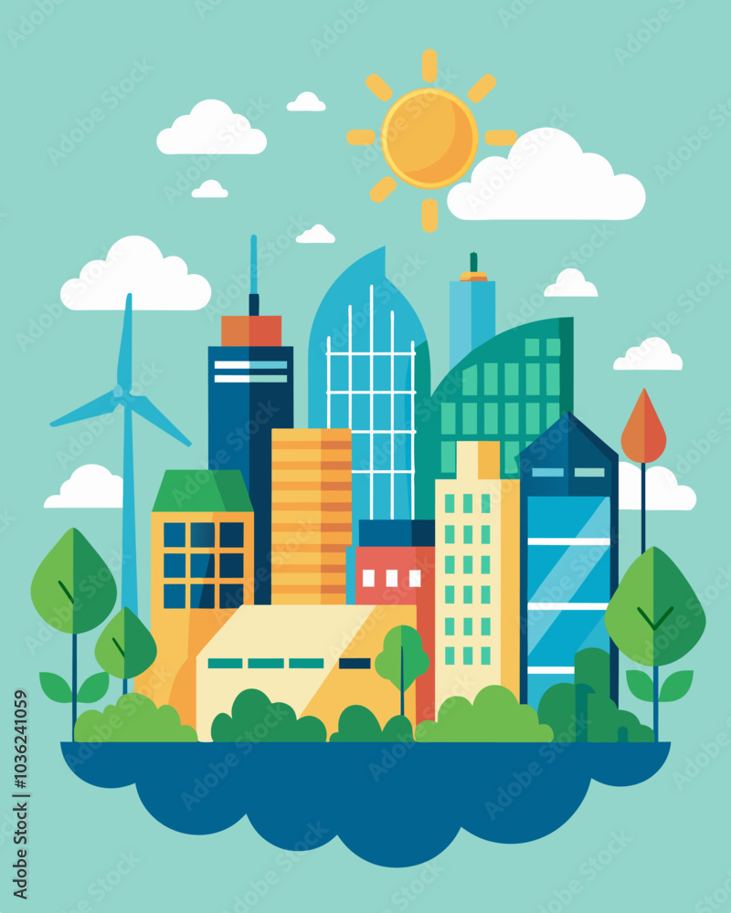 Fototapeta premium An ecofriendly cityscape with buildings designed for maximum natural lighting and ventilation reducing energy consumption and promoting a healthier indoor environment.. Vector illustration
