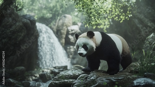 Giant panda walking in its environment against rocks and a waterfall in the background 