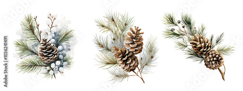 watercolor painting of a tender christmas green pine branch with pine cones. christmas winter clipart. vintage holiday floral watercolor painting. photo