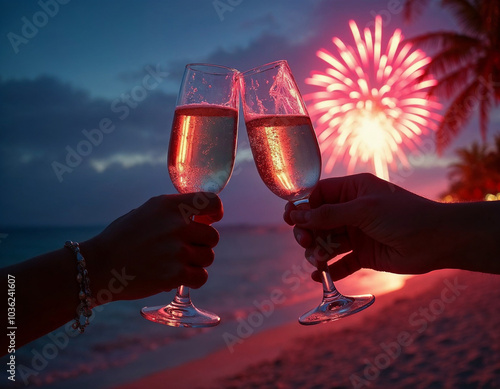 Hands of different people toasting glasses of champagne. In the background several fireworks