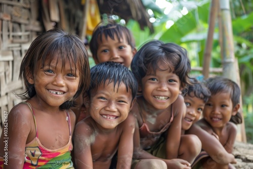 Portrait of a group of children smiling at the camera in the jungle