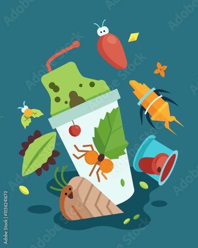 Discarded food once full of nourishment now being consumed by pests and vermin.. Vector illustration
