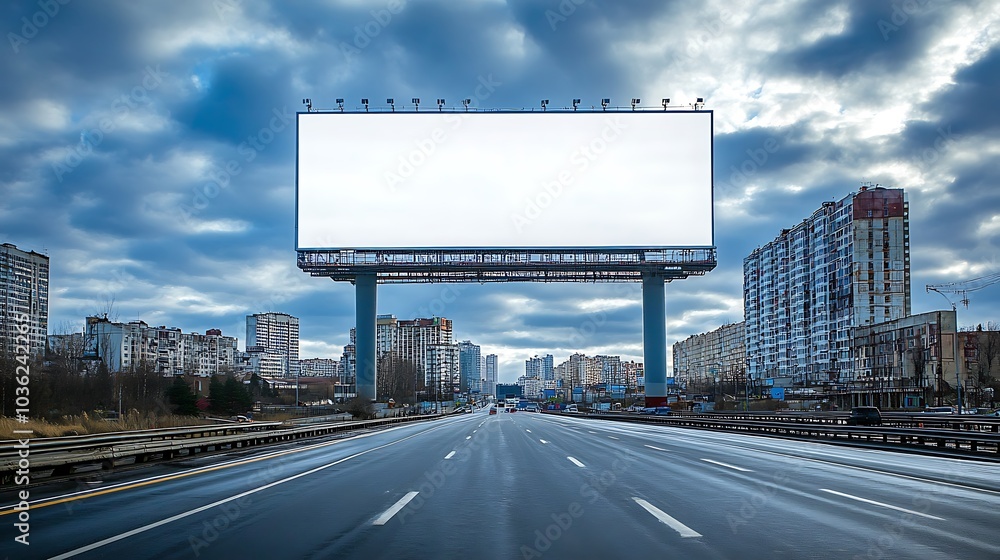 A wide highway with an empty white billboard towering over the road, perfect for promotions. A wide highway with an empty white billboard towering over the road, perfect for promotions.