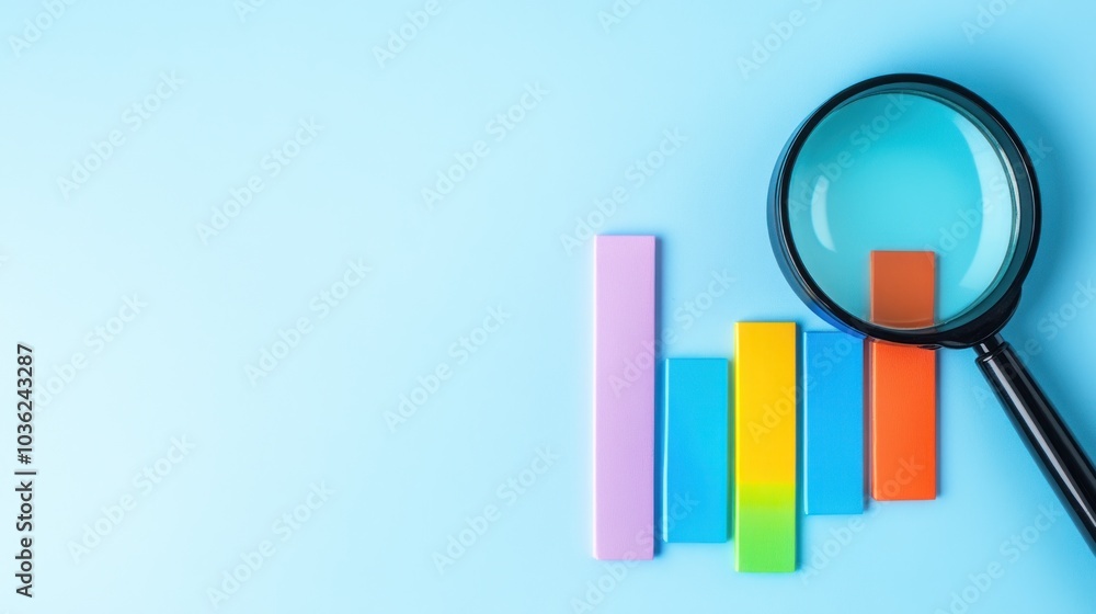 Magnifying Glass and Bar Graph on Blue Background Magnifying Glass and Bar Graph on Blue Background