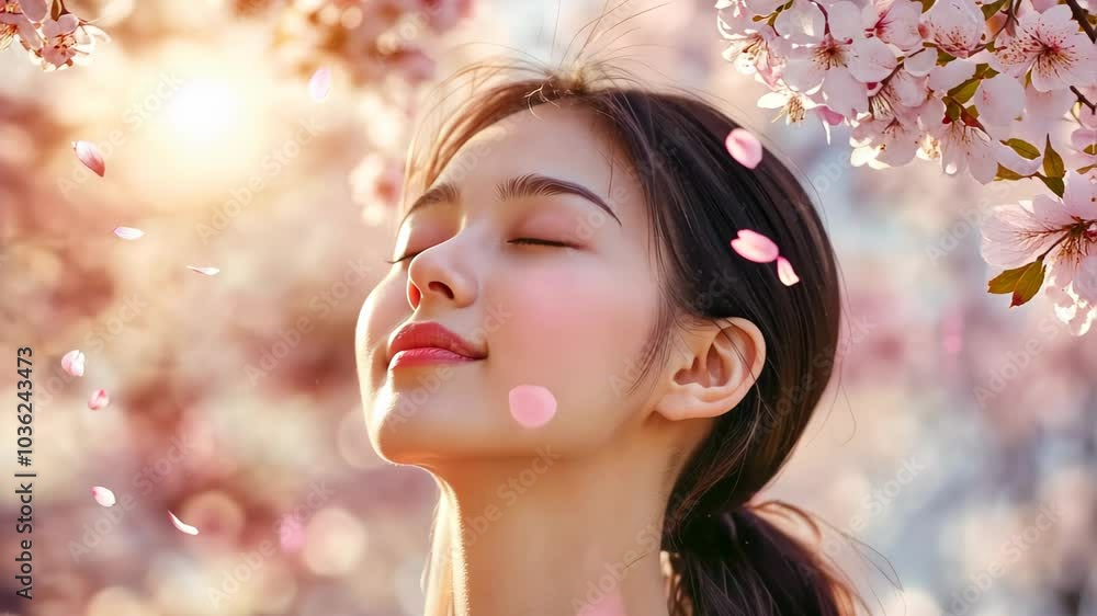 A beautiful girl in the blossom garden surrounded by blooming cherry blossoms. A beautiful girl in the blossom garden surrounded by blooming cherry blossoms.