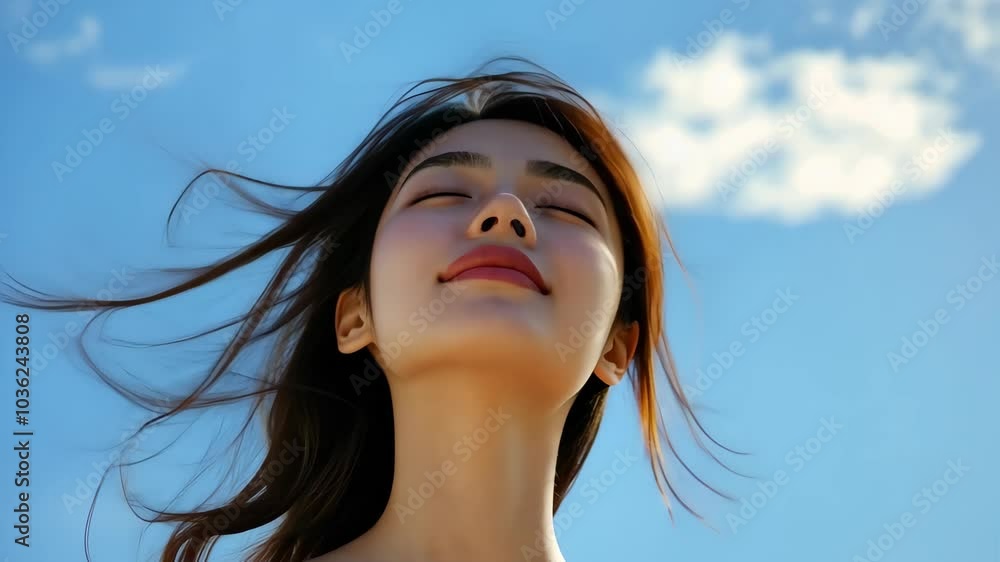 Beautiful woman smiling hair blowing in the wind blue sky background. Beautiful woman smiling hair blowing in the wind blue sky background.