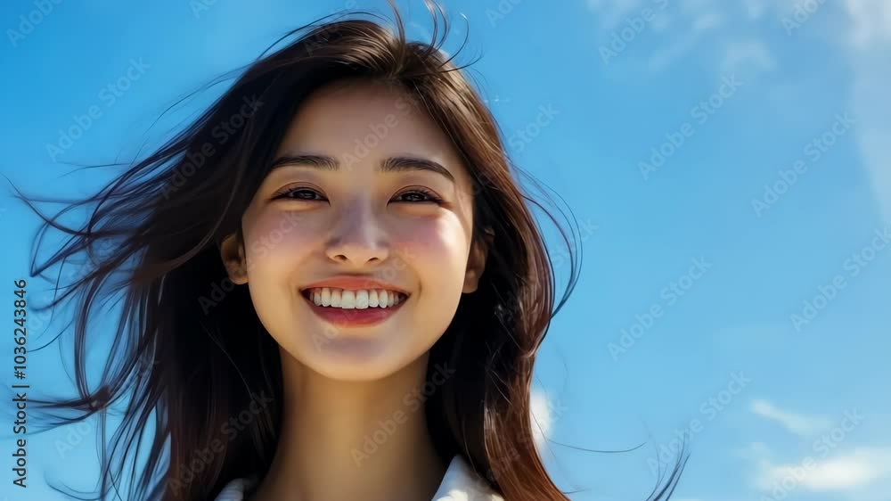 Beautiful woman smiling hair blowing in the wind blue sky background. Beautiful woman smiling hair blowing in the wind blue sky background.