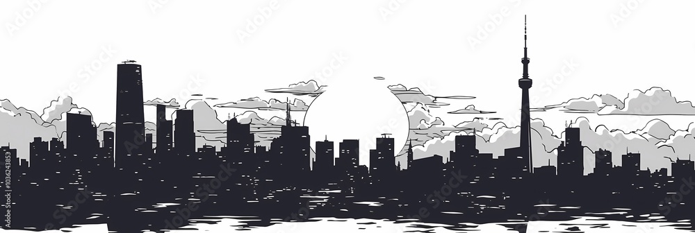 Obraz premium High Contrast Skyline of a Bustling City at Dusk With Dramatic Clouds and Vibrant Energy