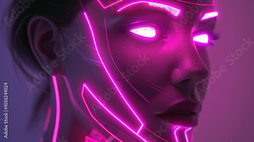 A Close-Up Portrait of a Woman with Neon Lights Around Her Face