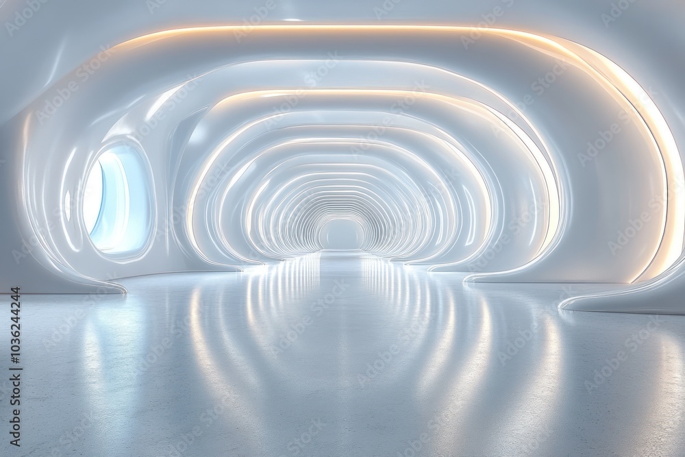 Naklejka premium Futuristic White Tunnel with Illuminated Arcs and Reflective Floor