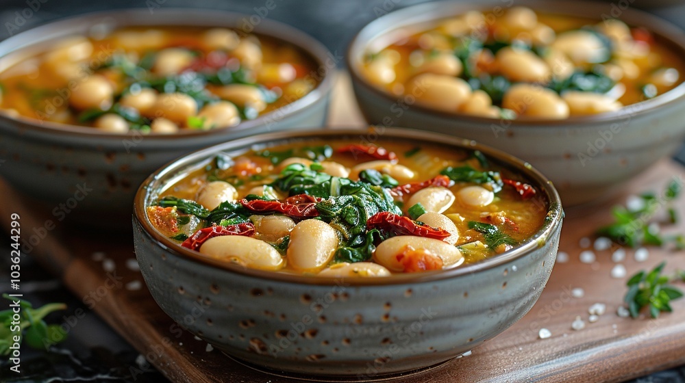 Three bowls of hearty bean soup with spinach and sun-dried tomatoes, garnished with herbs. Three bowls of hearty bean soup with spinach and sun-dried tomatoes, garnished with herbs.