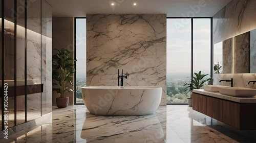 A modern bathroom with marble countertops, a freestanding bathtub, and large mirrors reflecting soft ambient lighting, video 