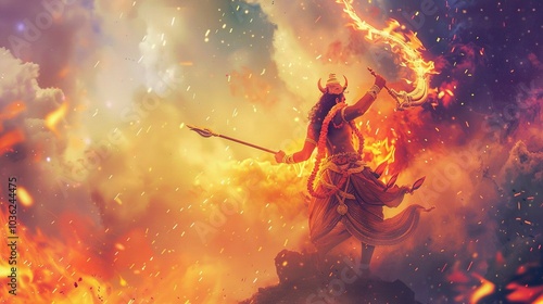 A fiery deity with horns, holding a blazing weapon, amidst swirling smoke and sparks photo