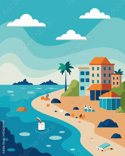 Even the beachfront resorts are feeling the effects their oncepristine surroundings now tarnished by trash and waste.. Vector illustration