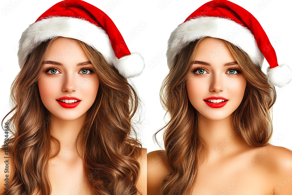 Christmas Beauty Diptych: Portrait of a stunning woman with long, wavy auburn hair wearing a Santa hat. Perfect for holiday greeting cards, beauty campaigns, or festive promotions. Christmas Beauty Diptych: Portrait of a stunning woman with long, wavy auburn hair wearing a Santa hat. Perfect for holiday greeting cards, beauty campaigns, or festive promotions.