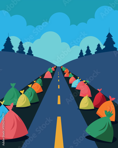 Hundreds of plastic bags filled with unwanted clothing clutter the sides of the road a reminder of the environmental impact of fast fashion.. Vector illustration