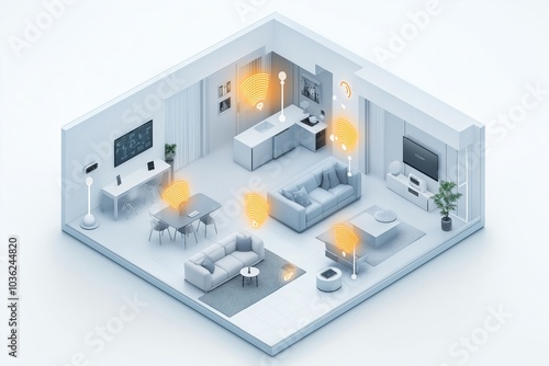 3d isometric office interior with furniture, computer and internet connection concept