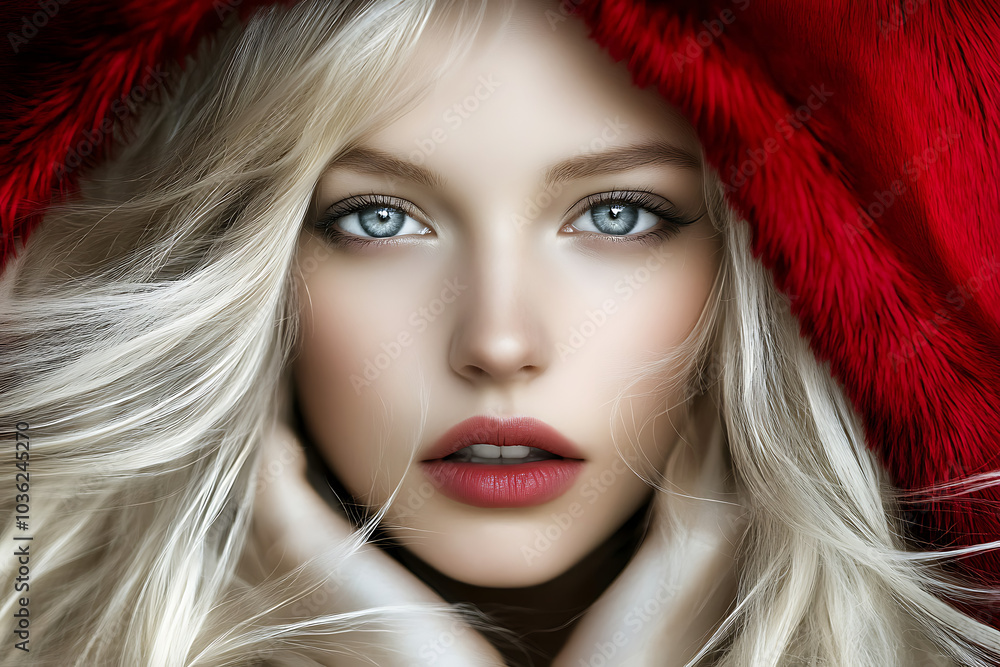 Red Riding Hood's Allure: A captivating portrait of a blonde woman with striking blue eyes, framed by a luxurious red fur hood. The image exudes mystery, elegance, and timeless beauty. Red Riding Hood's Allure: A captivating portrait of a blonde woman with striking blue eyes, framed by a luxurious red fur hood. The image exudes mystery, elegance, and timeless beauty.