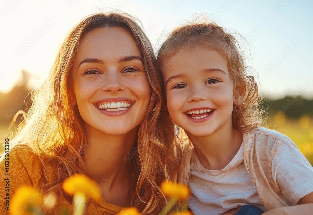 Joyful mother and daughter smiling together in a sunny field of flowers. Happy mother and family. Joyful mother and daughter smiling together in a sunny field of flowers. Happy mother and family.